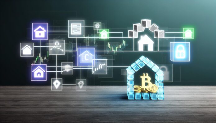 Illustration of blockchain technology connecting traditional assets like real estate, stocks, and commodities.