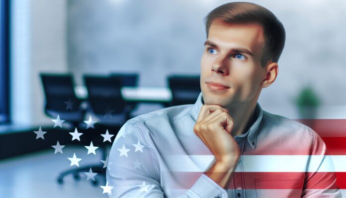 Sam Altman sitting in a modern office, looking thoughtful, with a faint American flag in the background.