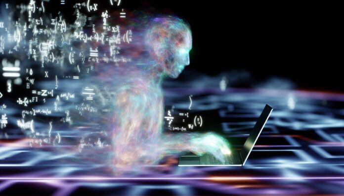 Abstract illustration of a ghostly AI typing on a laptop, with scientific formulas floating around.