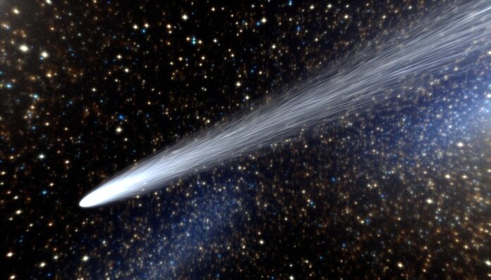 Rendered 3D view of comet 3I/ATLAS streaking through space with a faint tail, far beyond Earth.