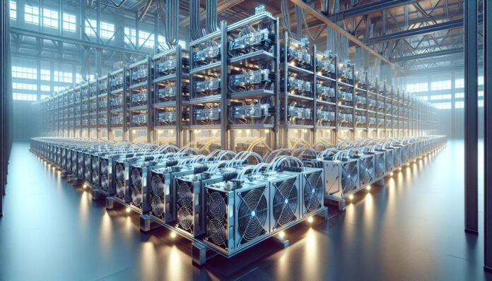 A row of ASIC bitcoin mining devices in a warehouse in Russia