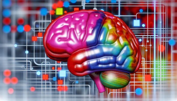 A stylized digital brain representing AI, tinted in bold colors to evoke controversy and debate.