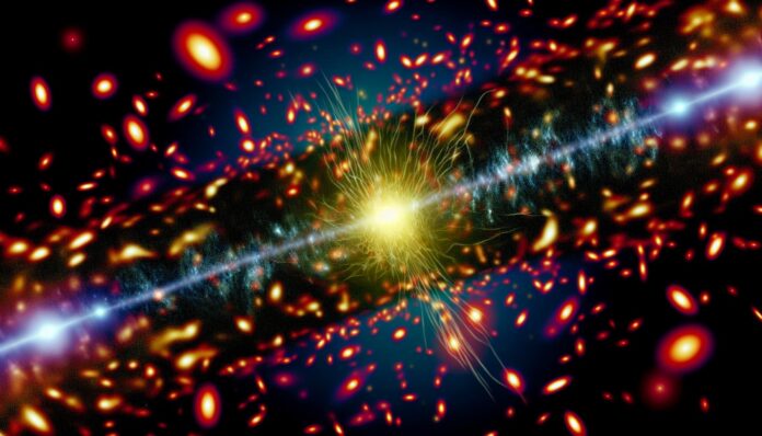 A conceptual visualization of fast radio bursts illuminating the thin, diffuse gas between galaxies.