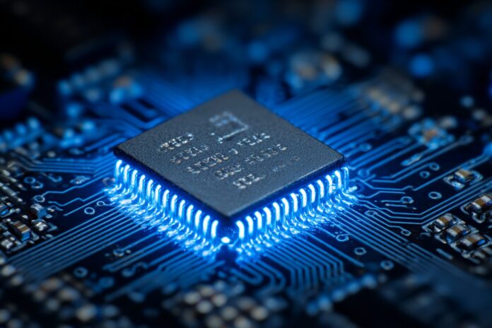 Silicon chip on a circuit board illuminated in blue, emphasizing new thermodynamic computing technologies.