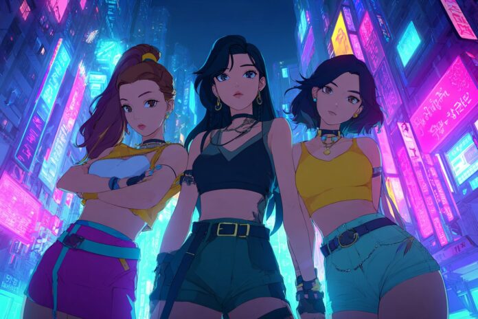 Huntr/x, the animated K-pop girl group, striking heroic poses amid neon city lights.