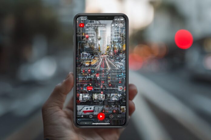 A smartphone displaying a YouTube Shorts video with digital rendering overlay effects highlighting AI enhancement.