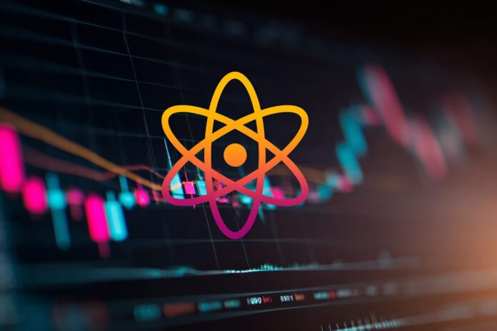 Cosmos ATOM logo with bullish chart overlay, representing price momentum.
