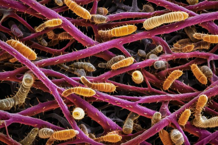 Close-up of New World screwworm larvae affecting animal tissue, illustrating the parasitic infestation.