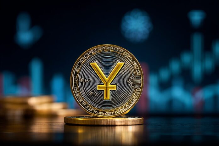 A digital yuan coin placed prominently over a blurred background of Chinese currency and blockchain icons, symbolizing the debate over stablecoin adoption in China.