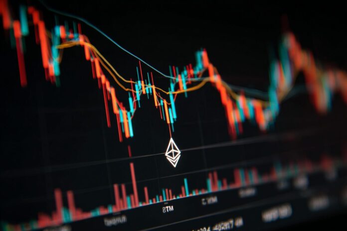 Candlestick chart showing Ethereum price dropping below $4,400 on a trading interface.