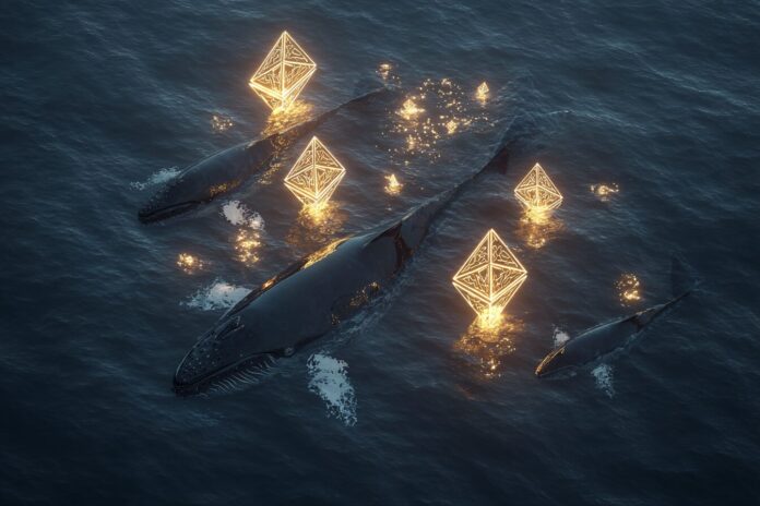 An aerial view illustrating digital whales moving bitcoins into a pool of glowing Ethereum symbols