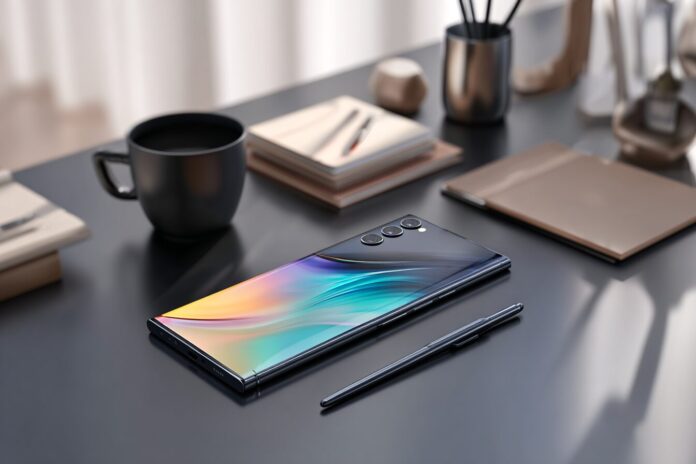 Samsung Galaxy S25 Ultra with S Pen and sleek design displayed on a minimal desk setup.