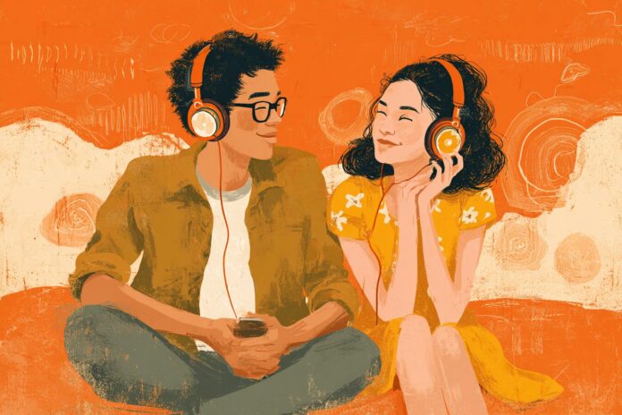 Two people sharing headphones and enjoying a playlist together