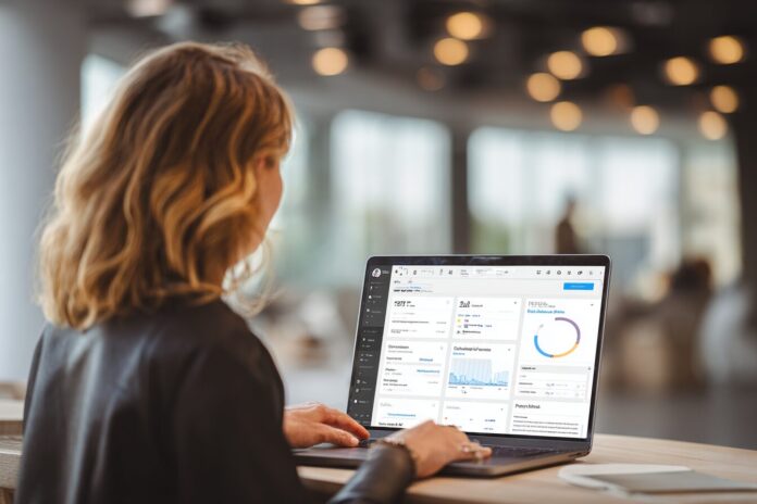 A businesswoman using ChatGPT on a MacBook with Apple Intelligence dashboard.