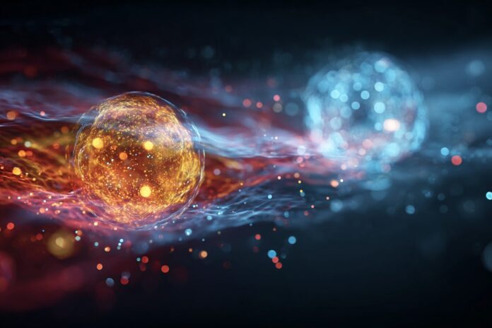 A digital illustration showing quantum particles behaving as both waves and particles, with vibrant colors and energy.