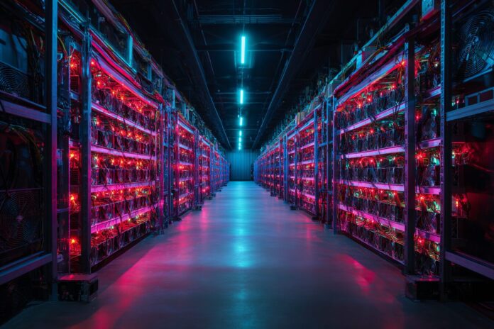 A large Bitcoin mining farm with racks of high-performance ASIC miners glowing under cool lights.