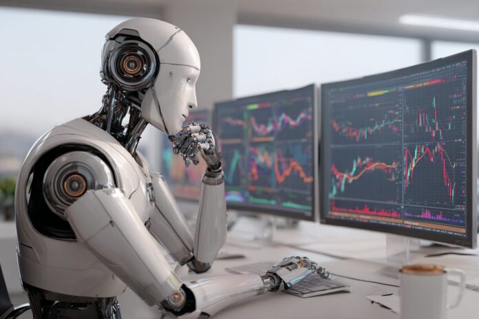 A digital rendering of an AI robot analyzing financial market charts on a monitor in a modern office.