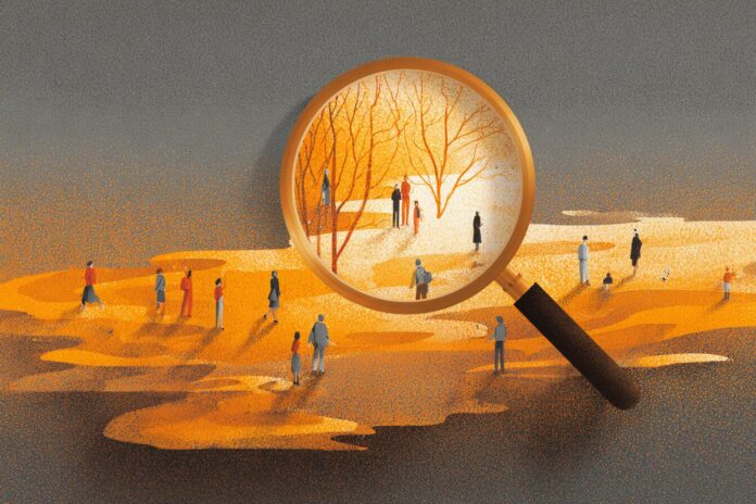 A digital illustration showing AI algorithms under a government magnifying glass, symbolizing scrutiny and debate.