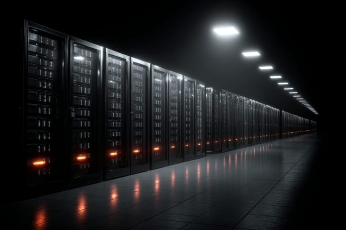 Darkened data center racks to symbolize stealth malware in enterprise environments.