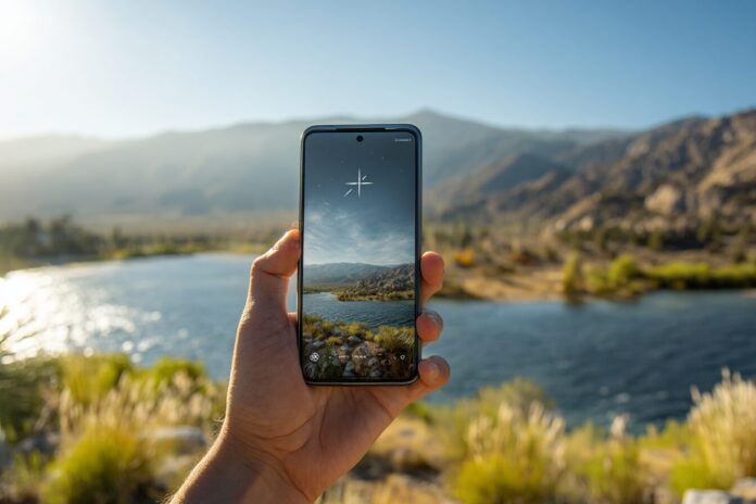 Hand holding Android phone with T-Mobile Starlink icon, sending a photo message against a remote scenic background