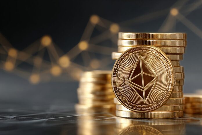 Stack of golden Ethereum coins displayed on a blockchain background, symbolizing large-scale institutional ETH holdings.
