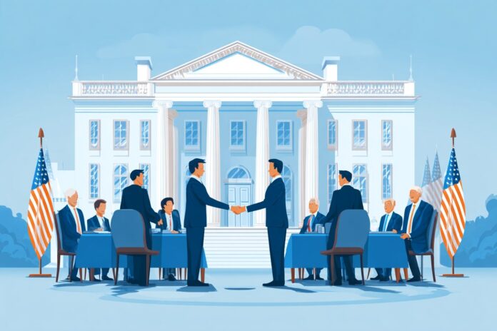 OpenAI and U.S. government representatives shake hands in a formal setting, signifying a strategic partnership.