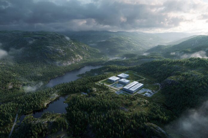 Exterior render of a modern technology data center in Norway for AI workloads, surrounded by natural landscapes.
