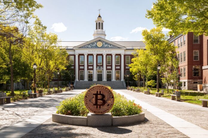 Harvard campus, modern finance concept, Bitcoin ETF