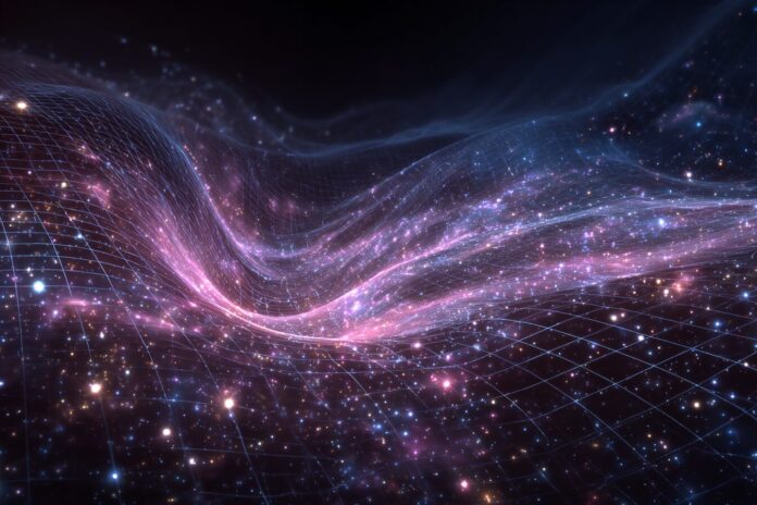 Artistic impression of gravitational waves shaping the fabric of space-time in the early universe.
