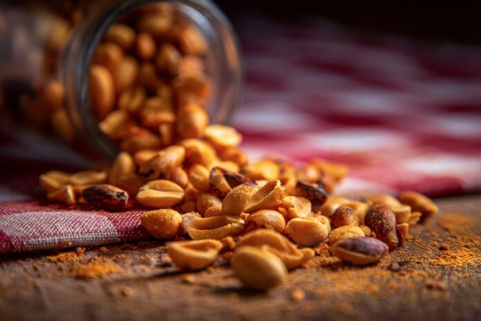 Roasted peanuts spilling onto a table, highlighting a common anaphylactic food trigger.