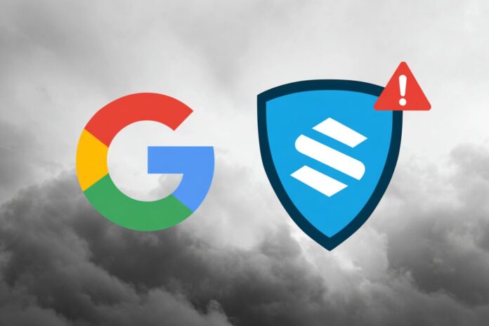 Google logo next to a Salesforce shield showing data breach alert