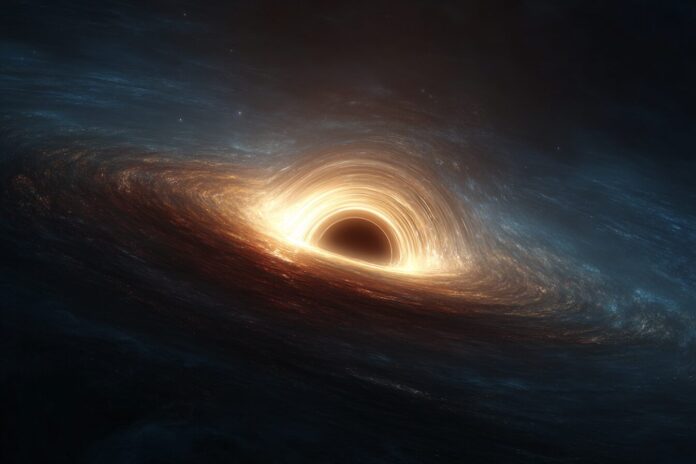Artistic rendering of a spinning black hole with a bright accretion disk.