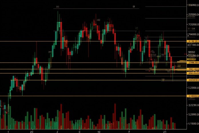 Candlestick chart of Bitcoin approaching the $122,000 Fibonacci 1.618 extension level with highlighted resistance band.