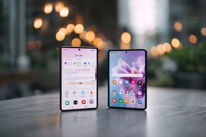 Galaxy Z Fold7 and Z Flip7 side by side on a table with Google One app open on screen
