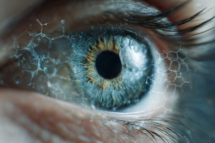 Abstract concept image of an eye with medical overlay to represent NAION risk linked to GLP-1 weight-loss drugs