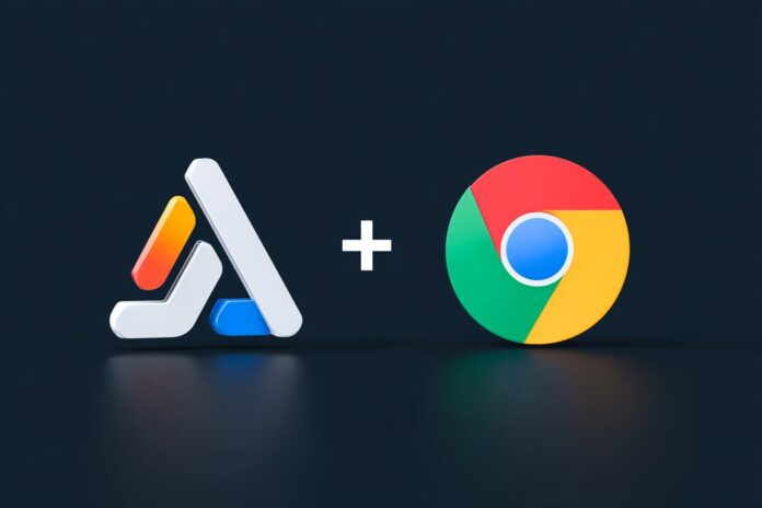 Perplexity AI logo alongside Google Chrome logo, symbolizing tech acquisition.