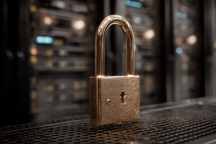 Symbolic image of a padlock and server to represent a data breach in a tech context.
