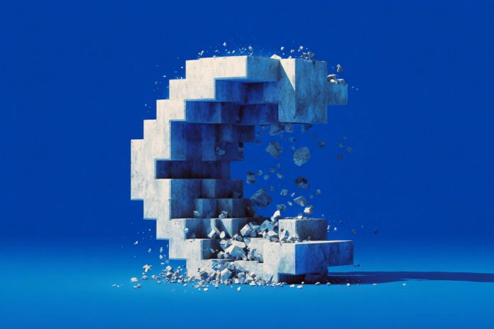 illustration of a Coinbase logo fragmented and shrinking, symbolizing loss