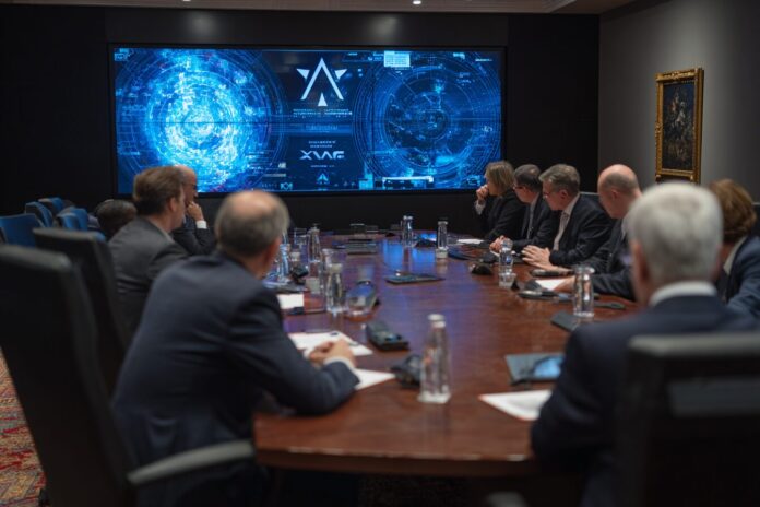 A tense conference room with government officials in discussion, a large digital display showing the xAI and Grok logos in the background.