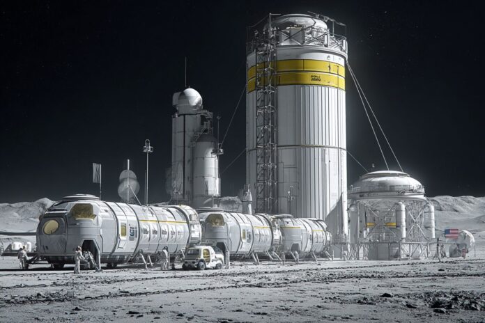 NASA concept of a modular nuclear reactor on the Moon's surface, showing energy infrastructure and lunar habitat modules.