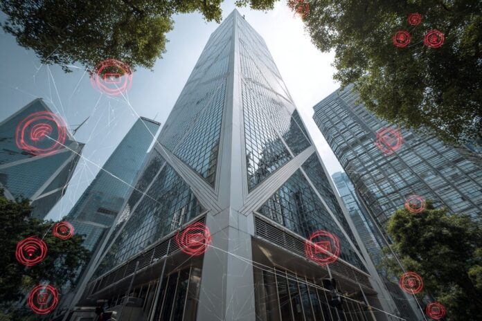 Hong Kong SFC office building exterior with digital security icons overlay