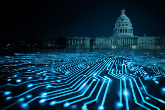 Intel logo and US Capitol illustrating government investment in the semiconductor company.