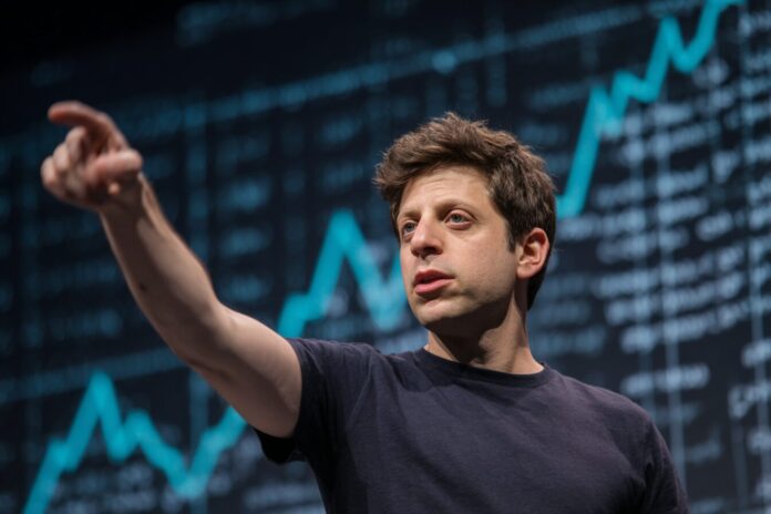 Sam Altman speaking at a technology conference, gesturing towards a graphic depicting rising AI investments.