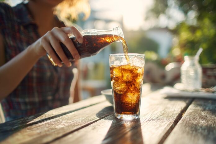 Woman pouring diet soda into glass on outdoor table