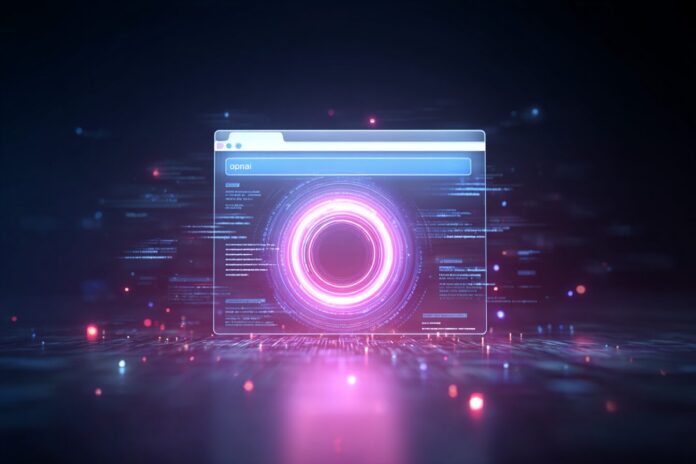 A glowing browser window interface surrounded by digital AI patterns, symbolizing the integration of OpenAI's technology with web browsing.