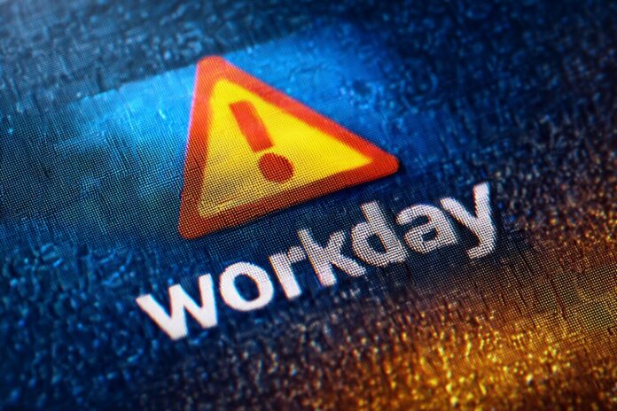 Workday logo displayed on a digital screen with a warning icon indicating a security breach.