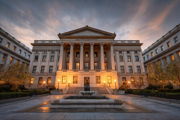 Official U.S. Treasury Department building at dusk, symbolizing regulatory oversight in digital assets.