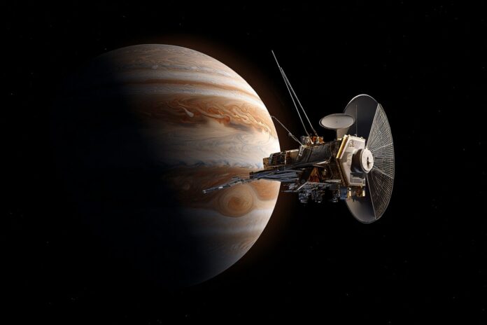 Europa Clipper spacecraft with Mars in the background, highlighting its radar instrument.