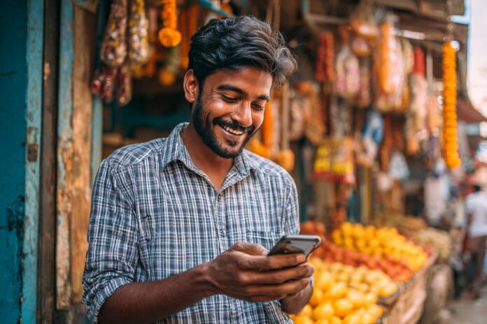 Person using ChatGPT Go on a smartphone in an Indian marketplace