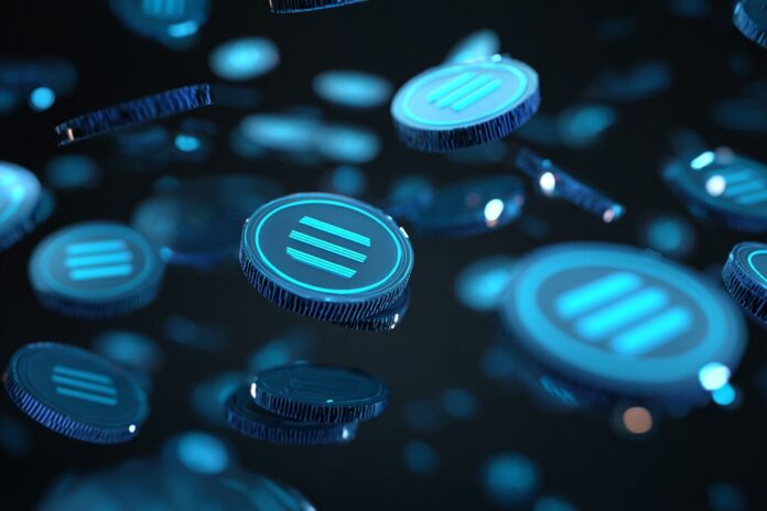 Digital tokens representing stocks float above a Solana blockchain logo.